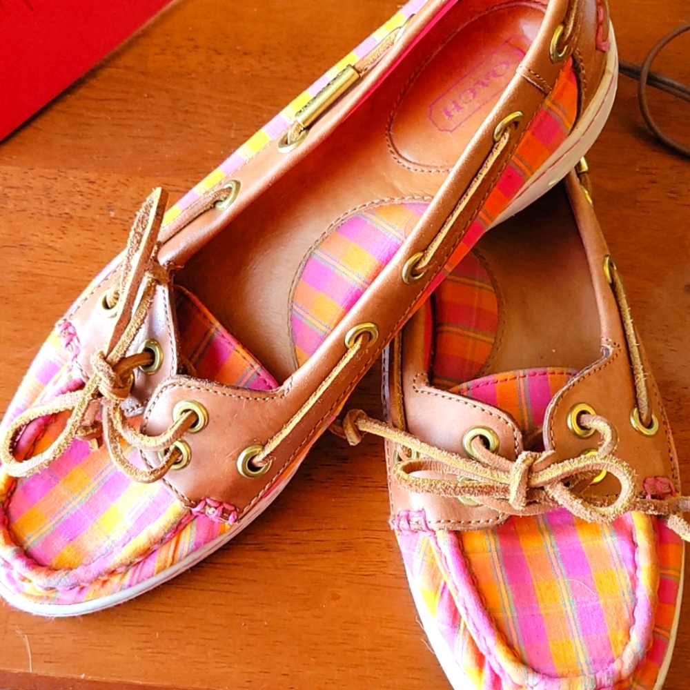 Coach Pink and Orange Plaid Boat Shoes Flats